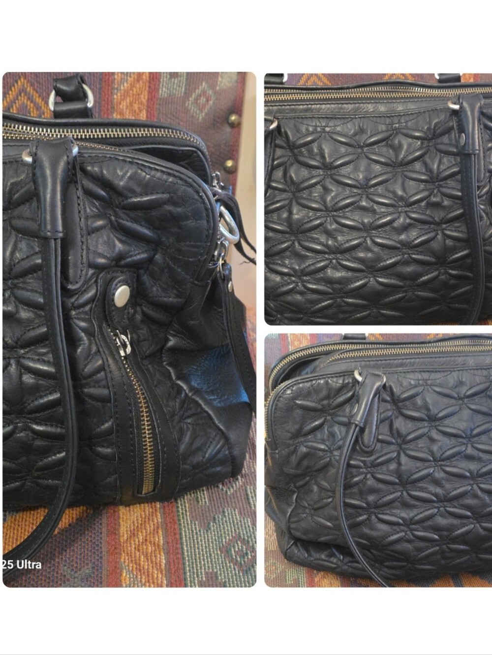 BLACK QUILTED Floral Genuine LEATHER Oversized Satchel/Crossbody SLOUCHY EUC - Picture 13 of 17